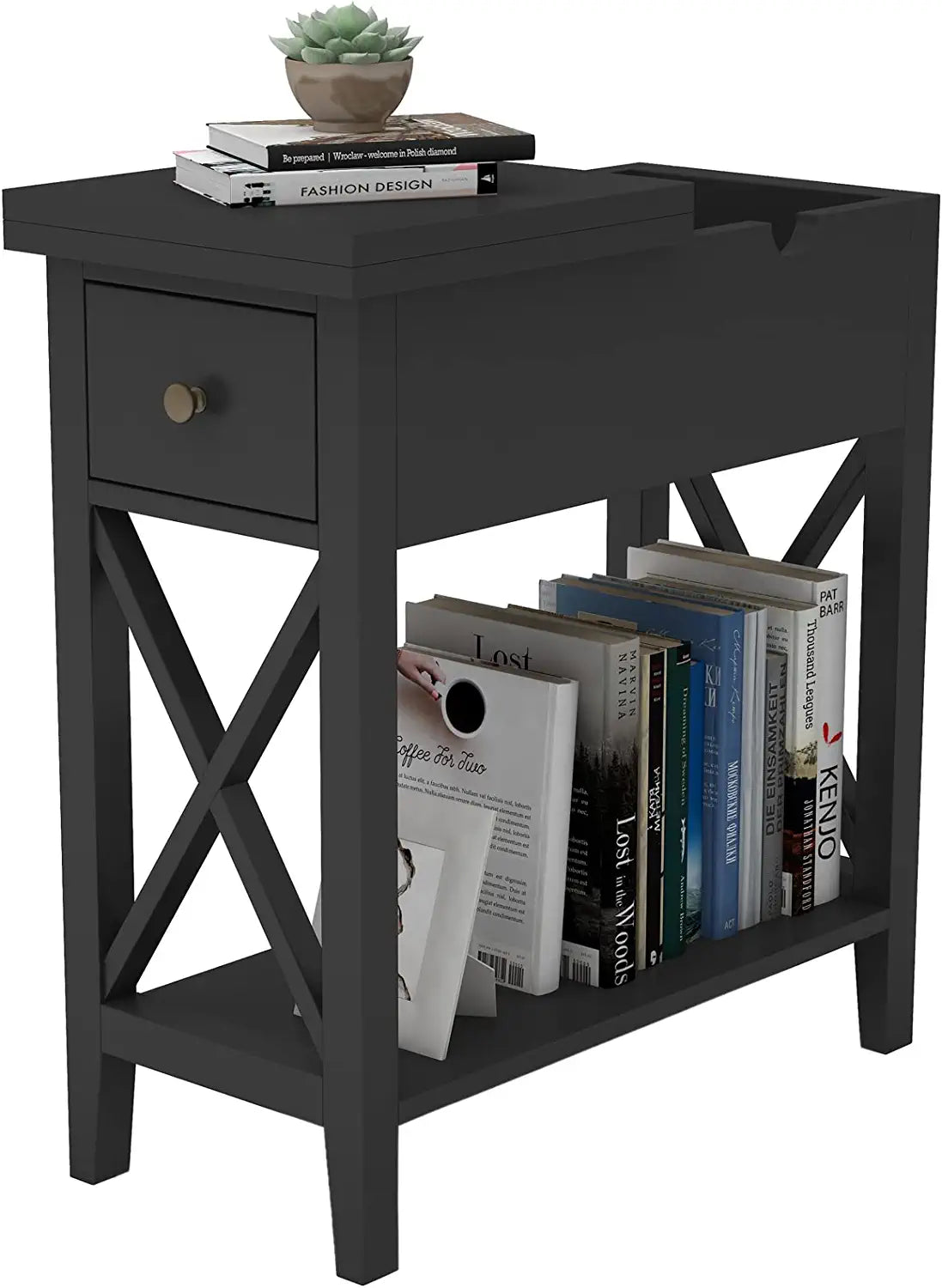 Flip Top Open End Table, Narrow Side Table Slim End Table for Living Room Bedroom, Black
