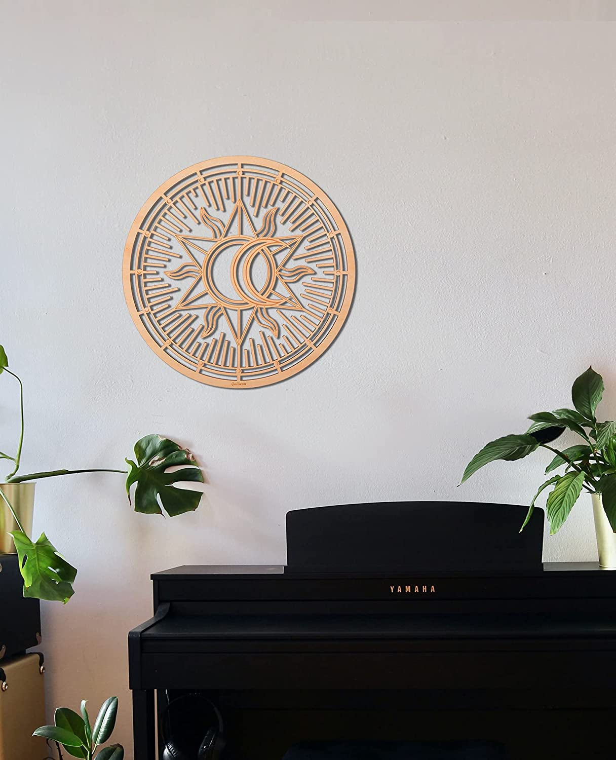 11.5" Sacred Geometry Wall Art, Wooden Union Sun Moon Wall Decor, Meditation Chakra Wood Wall Sculpture Art Symbol Spiritual Decor Yoga Gifts Crystal Grid Board (Sun Moon)