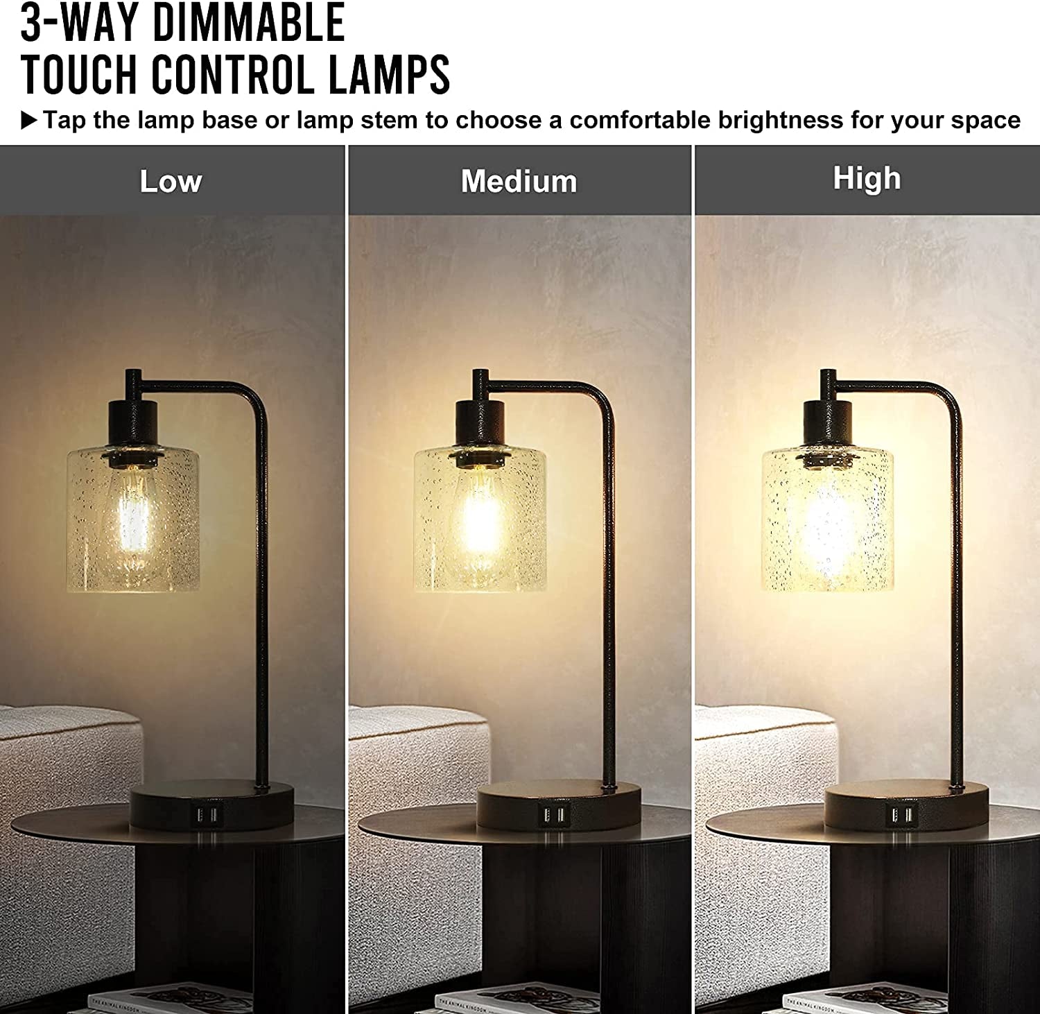 Set of 2 Farmhouse Rustic Table Lamps Rocky Black for Bedroom Nightstand 3-Way Dimmable Touch Control Industrial Bedside Lamps with 2 USB Charging Ports & AC Outlet Living Room Office, Bulbs Included