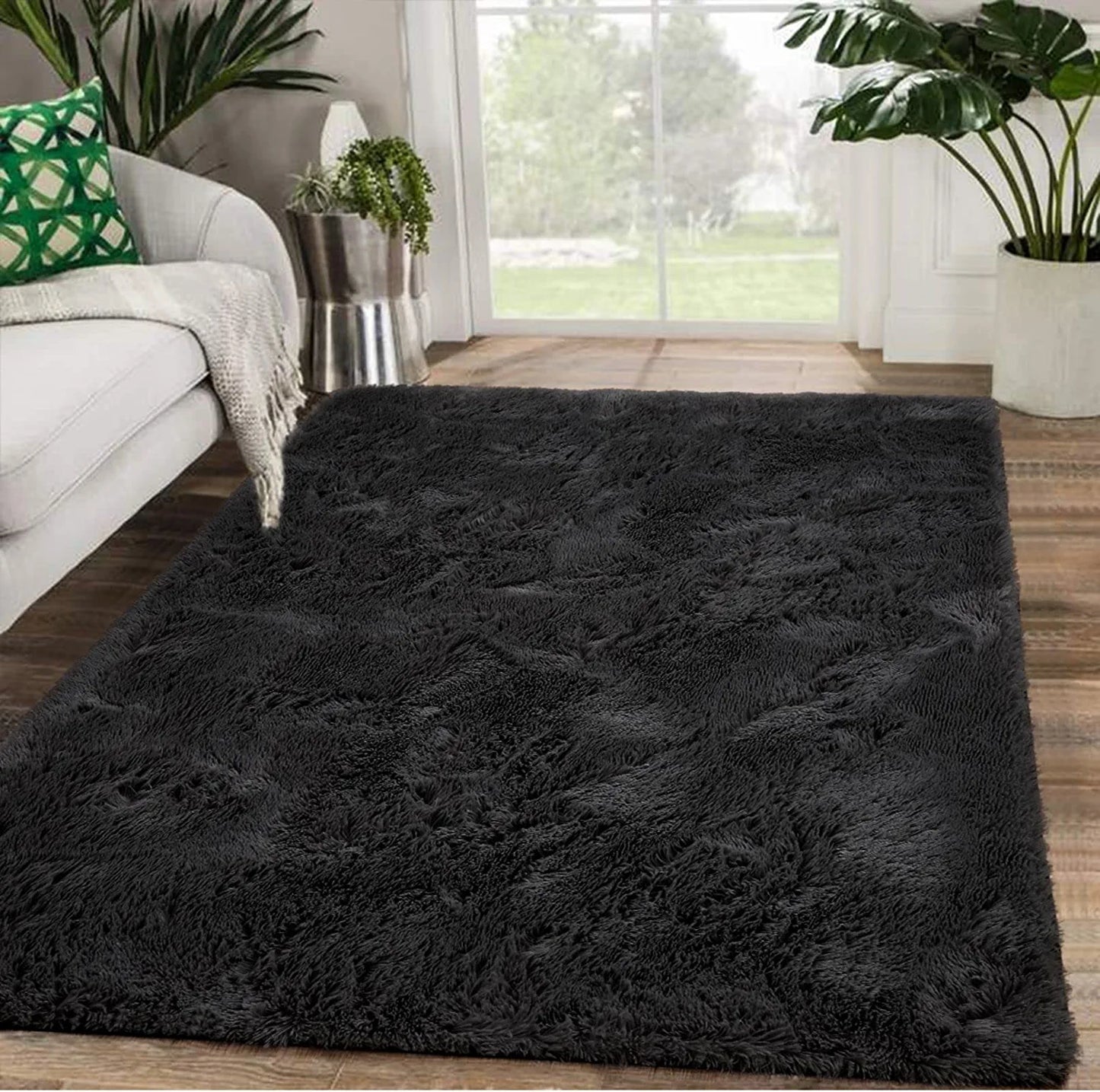 Modern Fluffy Area Rug 5X8 Feet Black Rug Plush Rugs for Living Room Bedroom Shag Rugs Dorm Decor for College Kid Rug Fuzzy Carpet for Boys Girls Home Decor Large Throw Rug Non-Slip