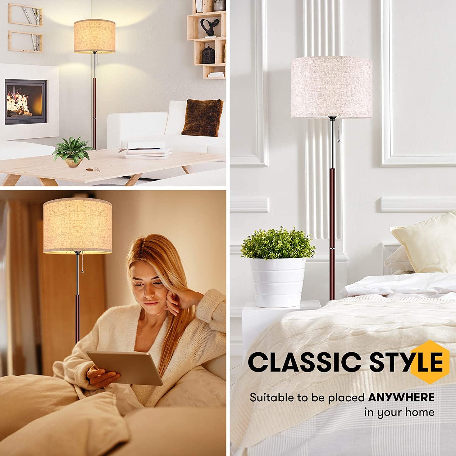 Modern Floor Lamp for Bedroom - Stand up Reading Lamps for Living Room, Contemporary Office Lighting with Beige Drum Fabric Shade, Farmhouse Pole Lamp, Corner Tall Standing Lamp Kids-Pull Chain