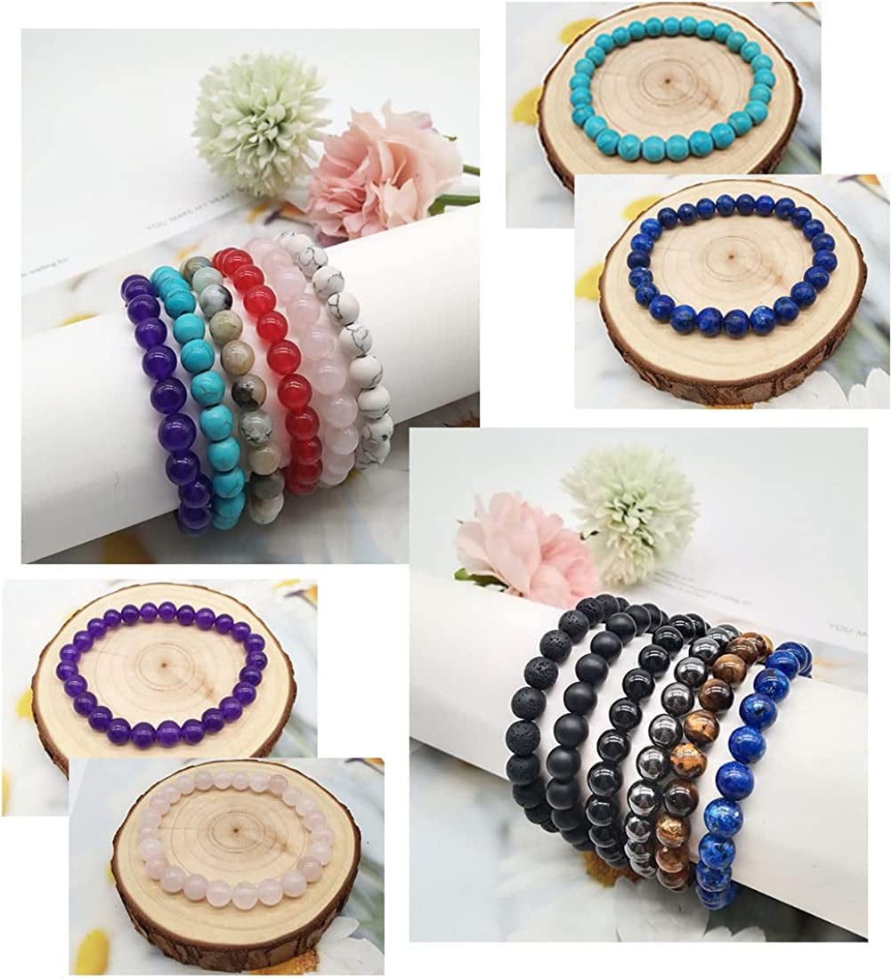12 Pcs 8Mm Gemstones Beaded Bracelets for Men Women Stone Bead Healing Stretch round Bead Crystal Semi-Precious Bracelets Unisex