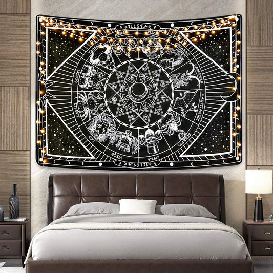 12 Constellation Tapestry Moon Star Sun Celestial Tapestry Black and White Tarot Tapestries Hippie Boho Tapestry for Room(59.1 X 59.1 Inches)