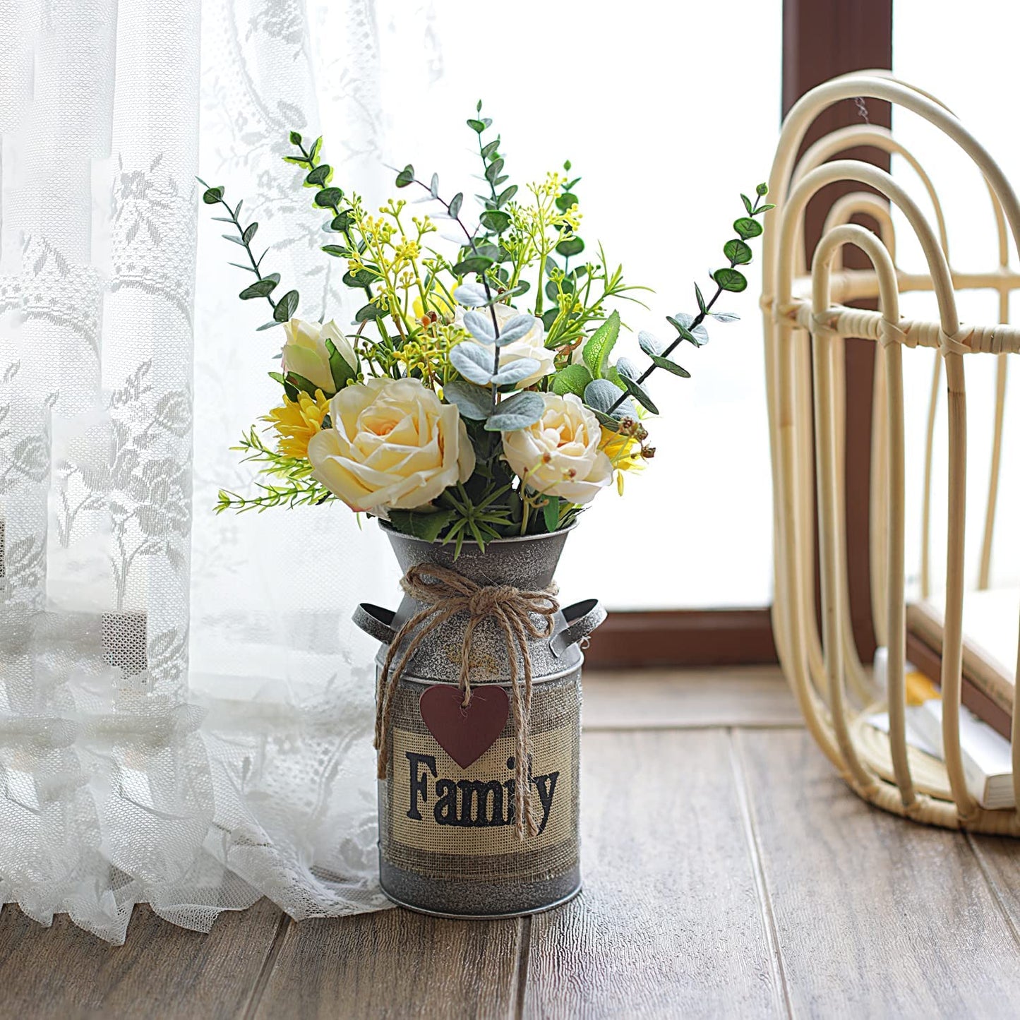 Metal Flower Vase Milk Can Rustic Style with Rose & Eucalyptus Shabby Chic Metal Vase for Rustic Home Dining Table Centerpieces Decor (Yellow, 1)