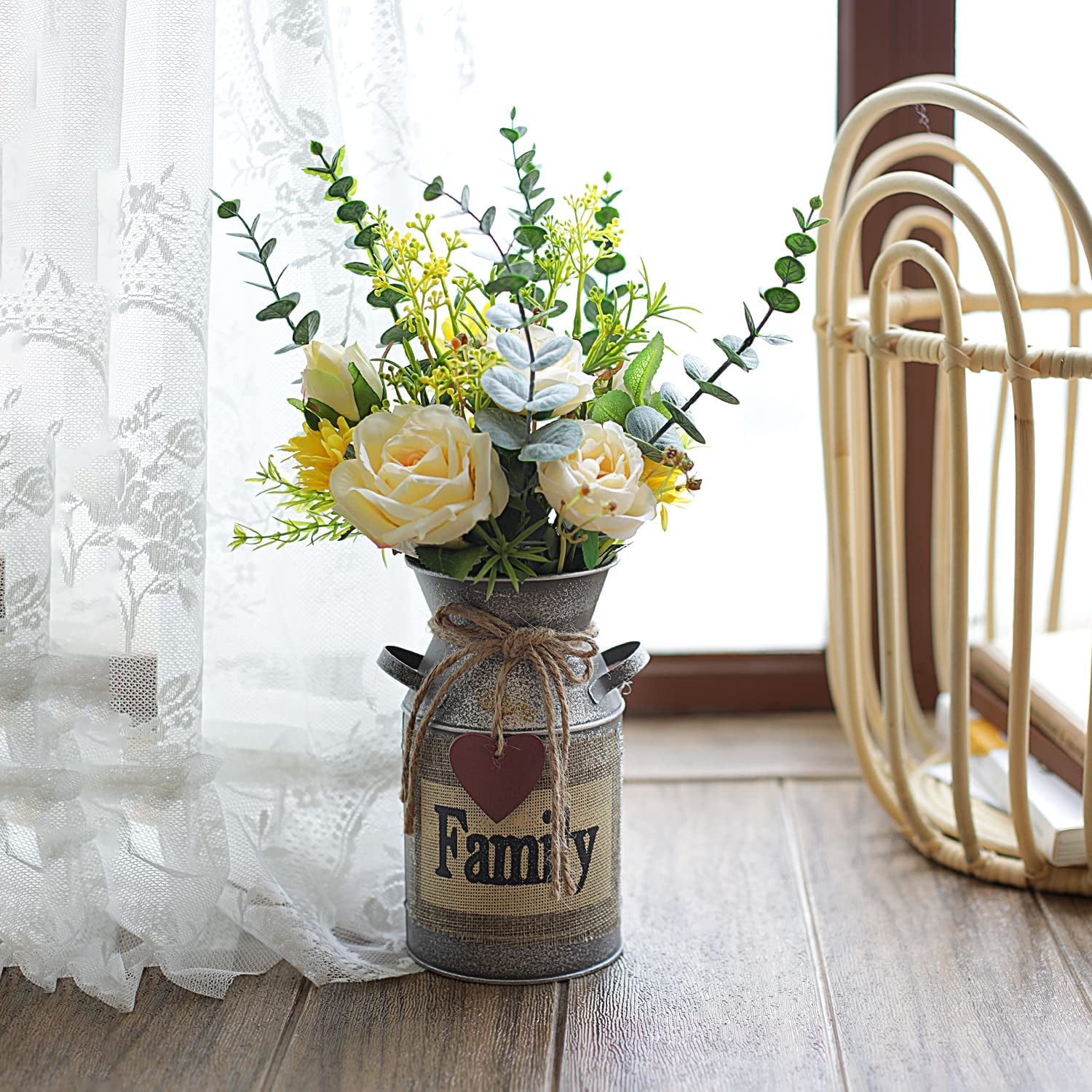 Metal Flower Vase Milk Can Rustic Style with Rose & Eucalyptus Shabby Chic Metal Vase for Rustic Home Dining Table Centerpieces Decor (Yellow, 1)