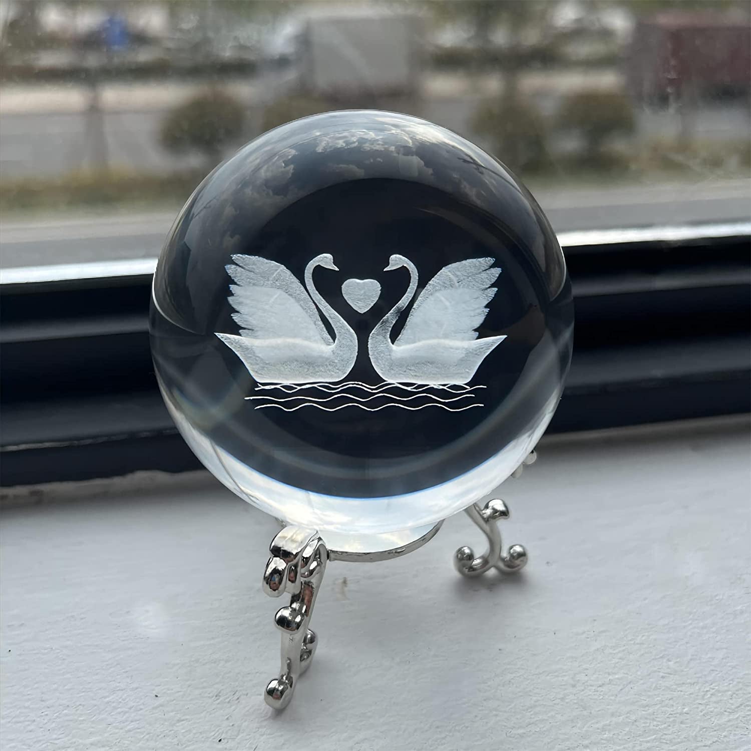3D Engraving Crystal Double Swan Figurine with Love Heart Sphere 60Mm(2.3Inch) Crystal Ball Paperweight with Stand Base for Girls or Women