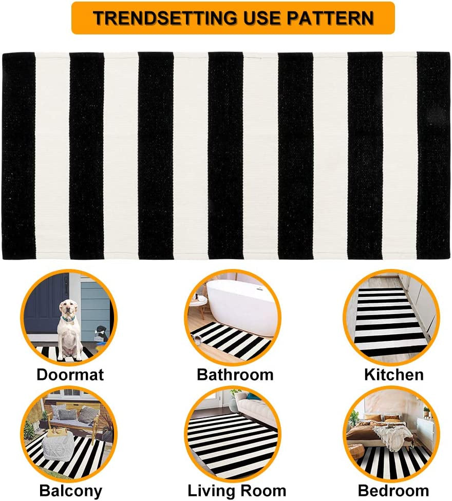 Black and White Indoor Outdoor Rug, 5’X8’ Cotton Striped Patios Area Rug Soft Woven Washable Farmhouse Durable Carpet Mat for Clearance Bedroom Living Room Balcony Playroom Decor