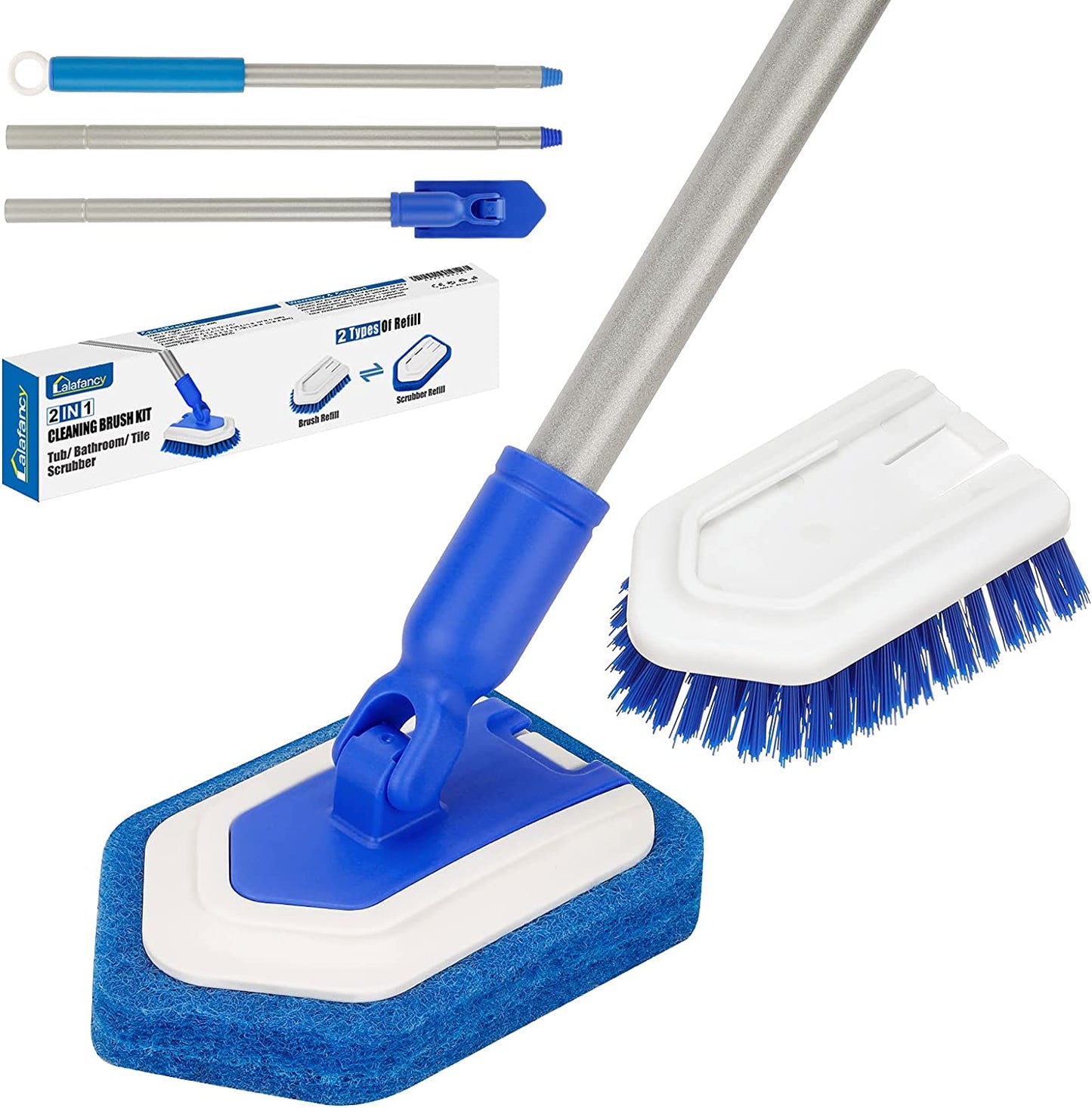 Shower Brush Scrubber with Long Extendable Handle 46'' -2In-1 Tub and Tile Cleaning Brush Interchangeable Scrub Brush Attachment for Cleaning Bathroom Shower Bathtub Floor