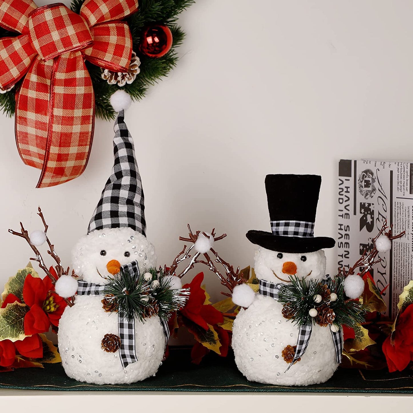 Christmas Table Decorations, Set of 2 Snowman with Pine Cone Twigs, Winter Tabletop Decor for Indoor Home Kitchen Fireplace Office Room Xmas Gifts Holiday Party