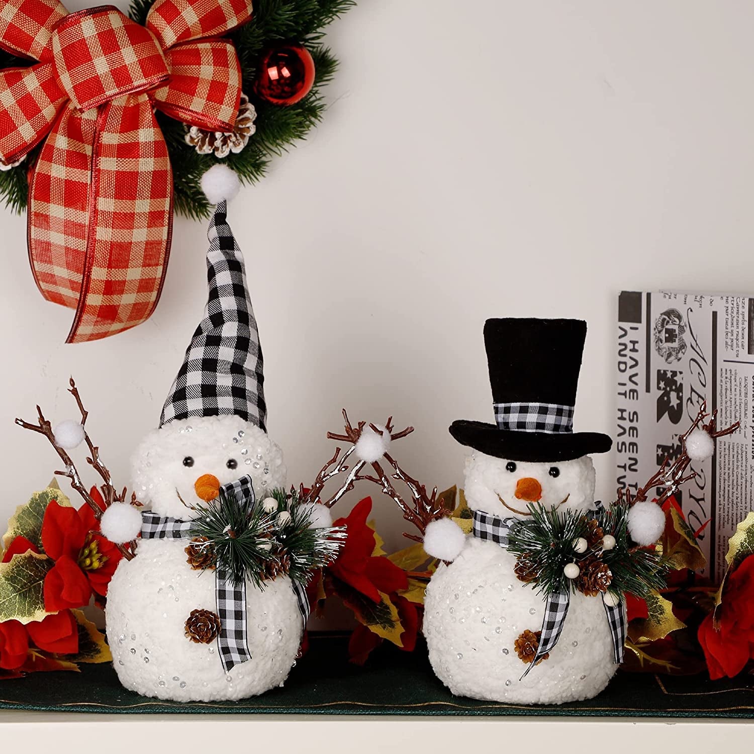 Christmas Table Decorations, Set of 2 Snowman with Pine Cone Twigs, Winter Tabletop Decor for Indoor Home Kitchen Fireplace Office Room Xmas Gifts Holiday Party