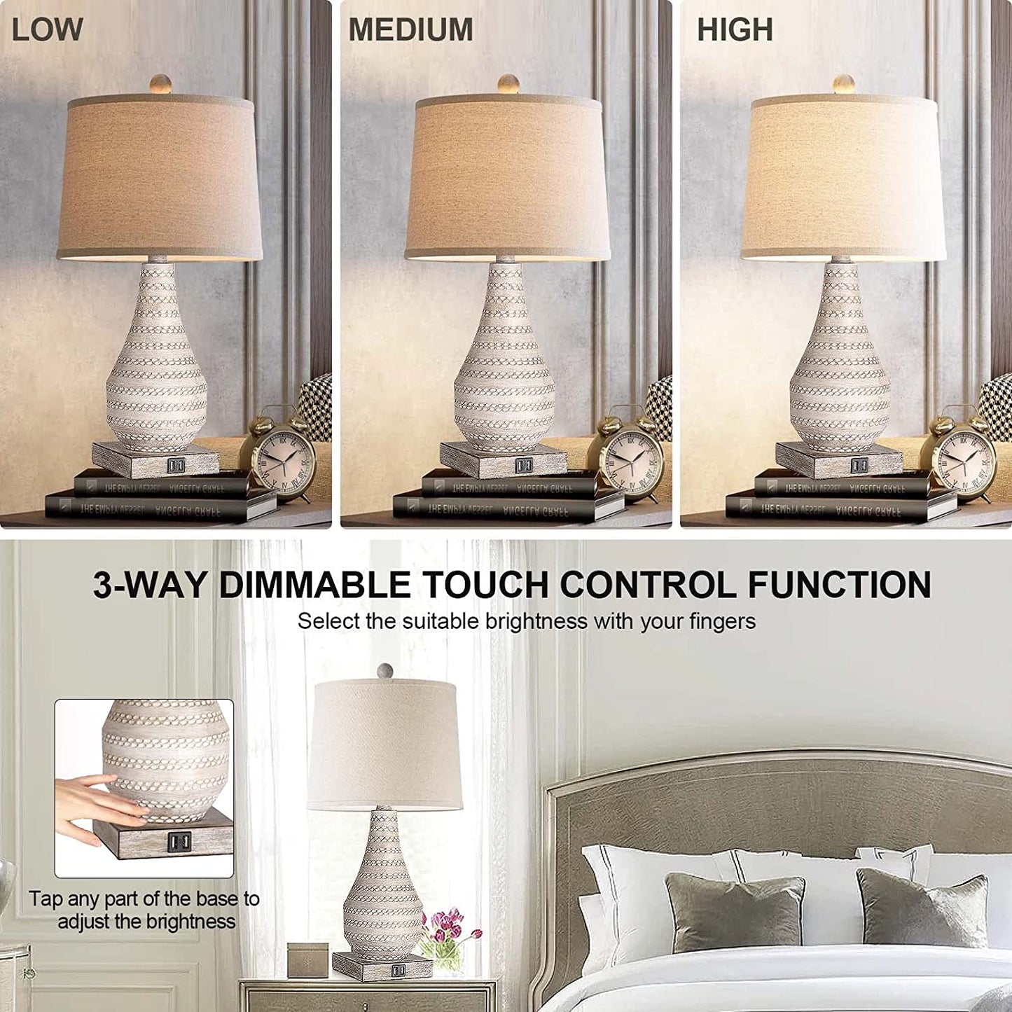 3 Way Dimmable Touch Lamps for Bedroom Set of 2, Bedside Lamp with USB Ports,Rustic Table Lamp for Living Room with Gray Body, Resin Nightstand Lamp with Linen Shade, Farmhouse Lamp for Study Room