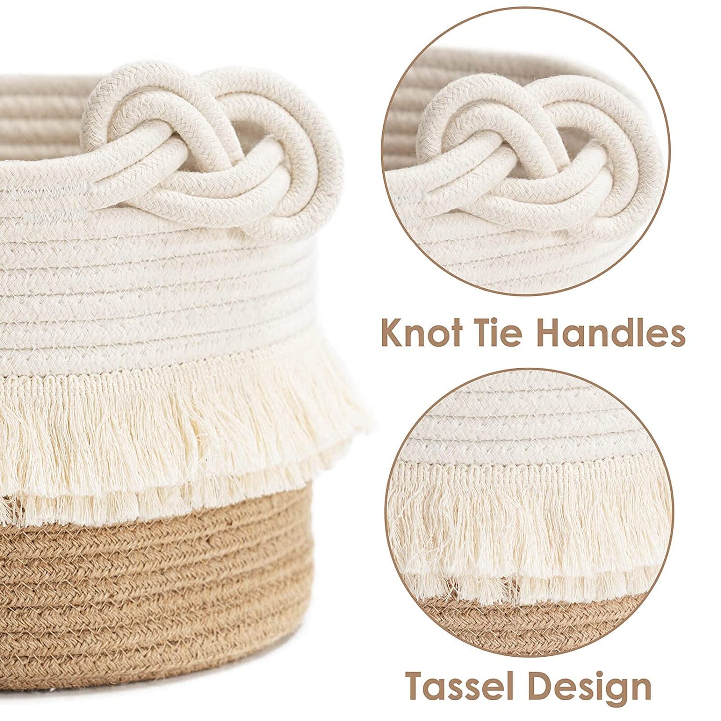 Small Woven Storage Baskets Cotton and Jute Rope Decorative Hamper for Diaper, Blankets, Magazine and Keys, Cute Tassel Nursery Decor - Home Storage Container – 9.5'' X 7''
