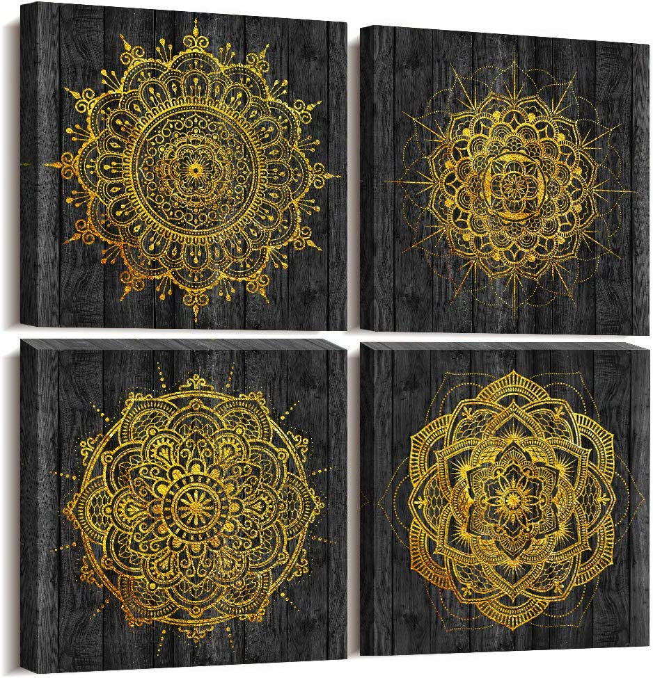 4 Piece Framed Canvas Wall Art for Living Room Family Bathroom Wall Decor Modern Kitchen Office Bedroom Decoration Black Pictures Golden Abstract Painting Inspiration Wall Artworks for Home Walls Art