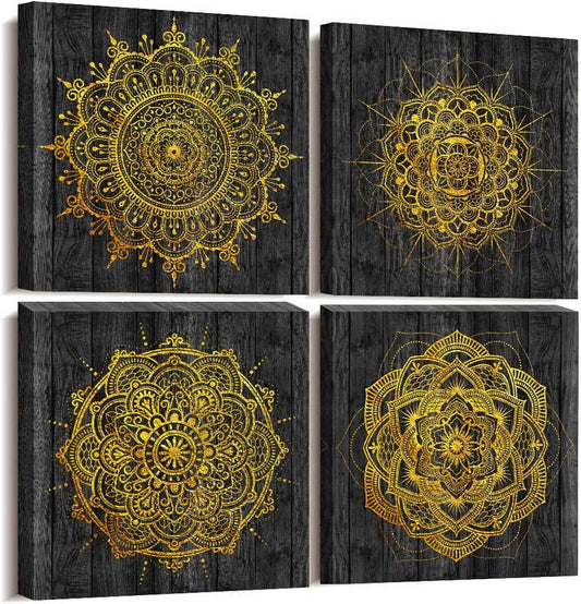 4 Piece Framed Canvas Wall Art for Living Room Family Bathroom Wall Decor Modern Kitchen Office Bedroom Decoration Black Pictures Golden Abstract Painting Inspiration Wall Artworks for Home Walls Art