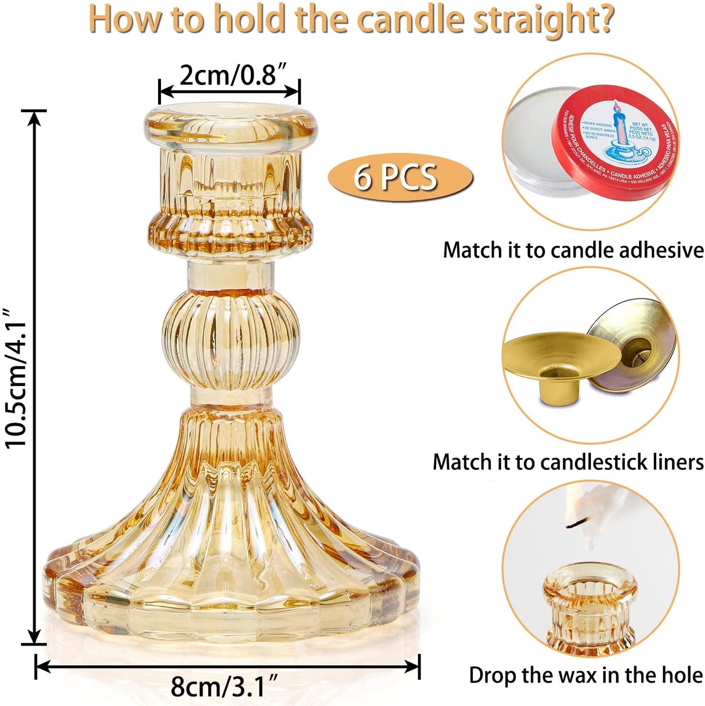 Taper Candle Holder Set of 6, Glass Taper Candle Holder, Candle Stand, Gold Candle Holder for Christmas, Wedding, Birthday, Candlelight Dinners, Fall Decor, Thanksgiving Day, Valentine'S Day