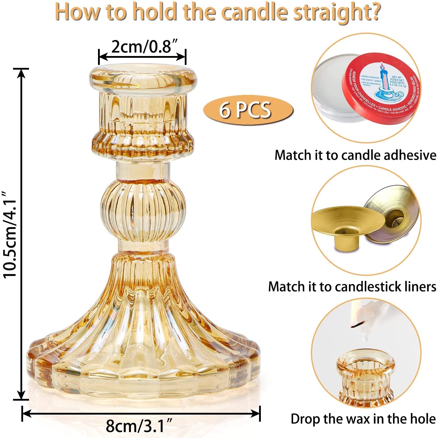 Taper Candle Holder Set of 6, Glass Taper Candle Holder, Candle Stand, Gold Candle Holder for Christmas, Wedding, Birthday, Candlelight Dinners, Fall Decor, Thanksgiving Day, Valentine'S Day