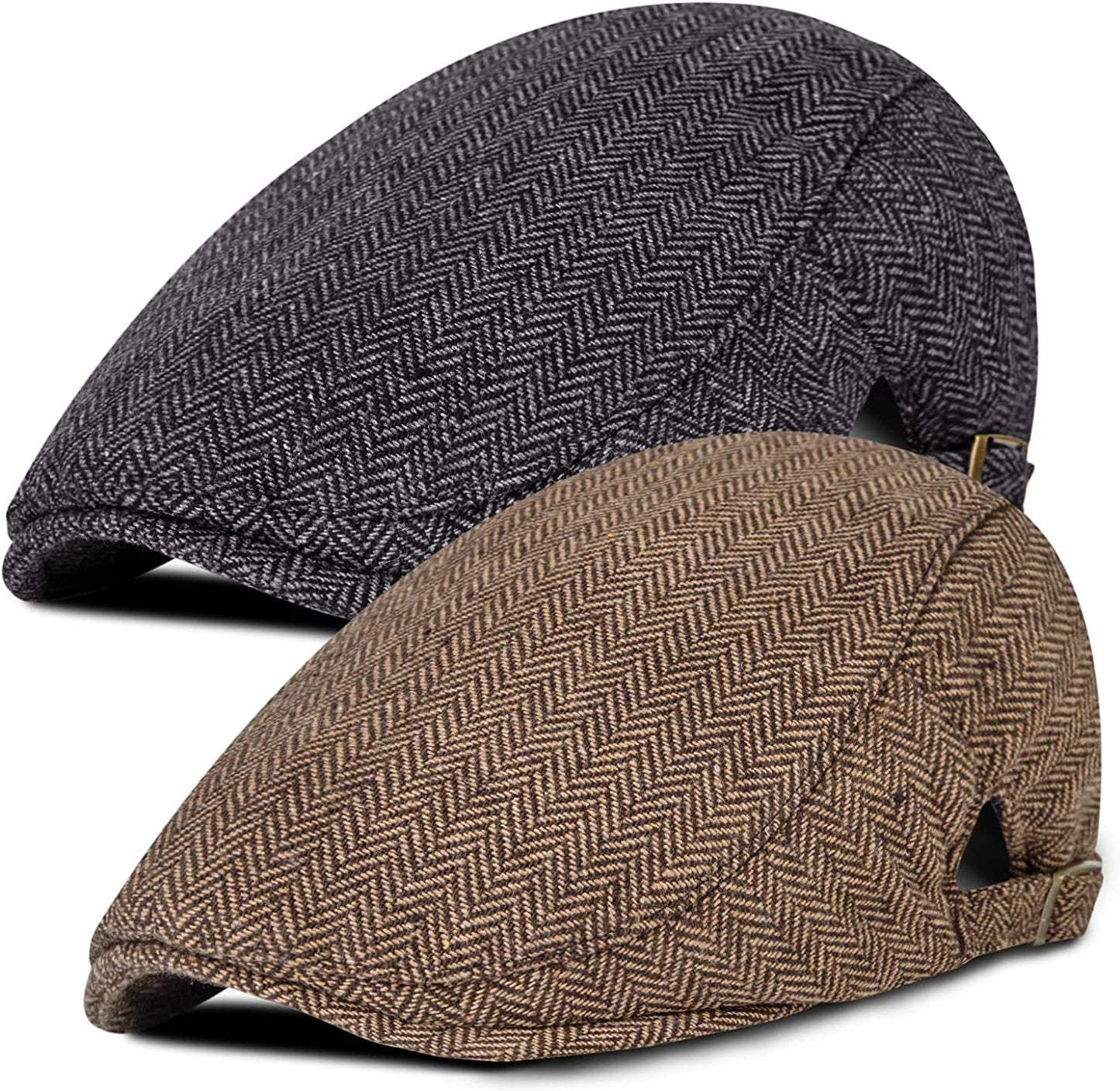 2 Pack Newsboy Hats for Men Classic Herringbone Tweed Wool Blend Flat Cap Ivy Gatsby Cabbie Driving Hat