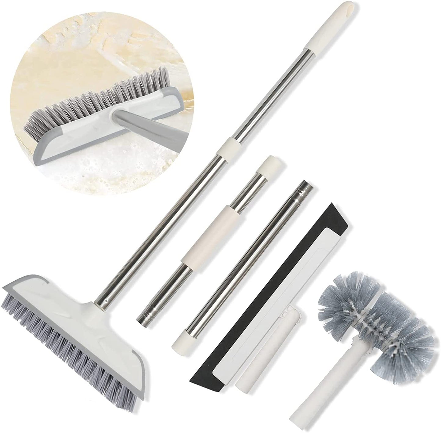 Floor Scrub Brush with Long Handle - 50'' Stiff Brush, 2 in 1 Scrape and Brush, Multi-Use Aqua Bathtub Scrubber and Floor Squeegee Set for Cleaning Bathroom, Patio, Kitchen, Deck and Window