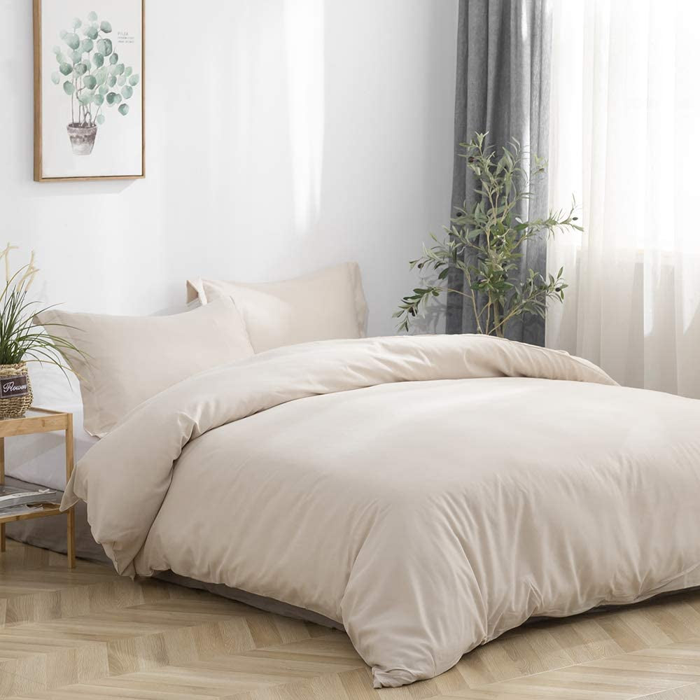 Duvet Cover Queen Beige 3 Pieces Set Solid Color Soft Cooling Double Brushed Microfiber 1800 Quality Comforter Cover with Zipper Clousre