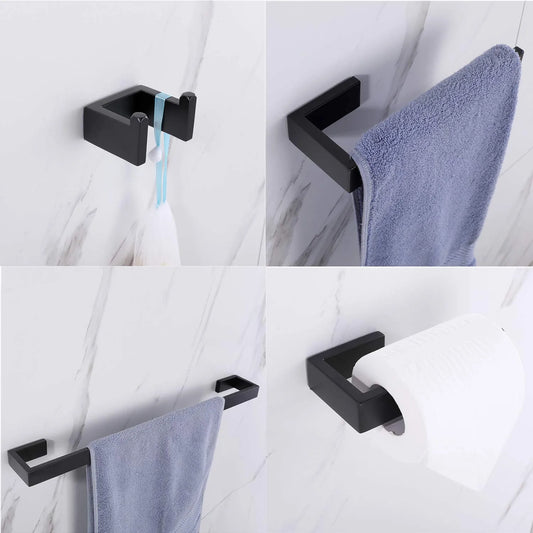 Premium Stainless Steel 4 Pieces Bathroom Hardware Accessories Set Wall Mounted Towel Bar Towel Holder Robe Hook Toilet Paper Holder ， Matte Black