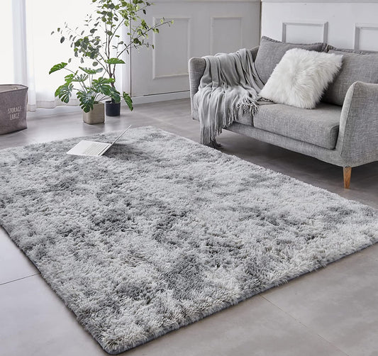 Shag Area Rug, 5X7 Ft Tie-Dyed Light Grey Upgrade Anti-Skid Durable Rectangular Cozy Rug, High Pile Soft Throw Rug for Nursery Room Living Room