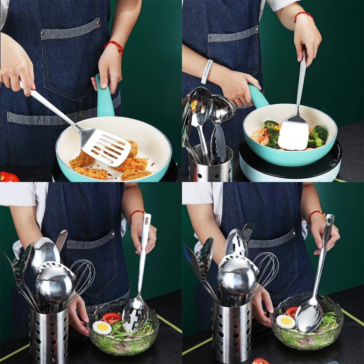 Stainless Steel Cooking Utensils Set, 13 Pieces Kitchen Utensils Set, Kitchen Tools Set with Utensil Holder Non-Stick and Heat Resistant,Dishwasher Safe, Easy to Clean (13 Packs)