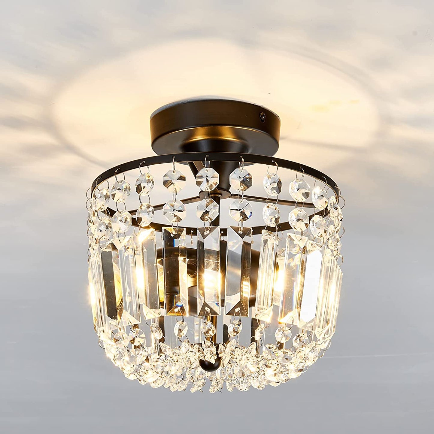 Small Crystal Chandelier 2- Lights ，Modern Semi Flush Mount Ceiling Light Fixture for Hallway Kitchen Foyer （Black）