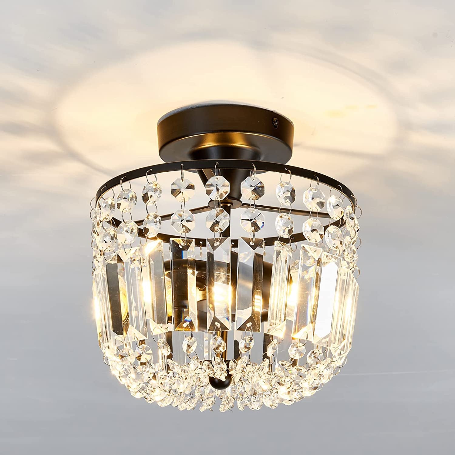 Small Crystal Chandelier 2- Lights ，Modern Semi Flush Mount Ceiling Light Fixture for Hallway Kitchen Foyer （Black）
