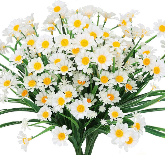 Artificial Daisies Flowers Outdoor UV Resistant 4 Bundles Fake Foliage Greenery Faux Plants Shrubs Plastic Bushes for Window Box Hanging Planter Farmhouse Indoor outside Decor(White)