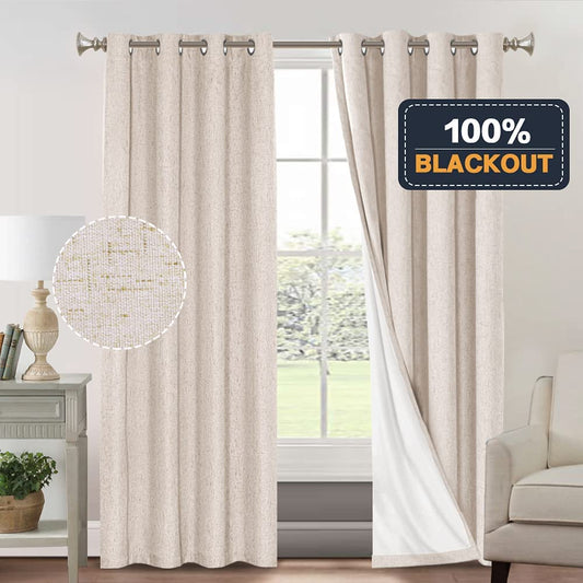 Primitive Textured Linen 100% Blackout Curtains for Bedroom/Living Room Energy Saving Window Treatment Curtain Drapes, Burlap Fabric with White Thermal Insulated Liner (2 Panels, 52 X 84 In, Natural)