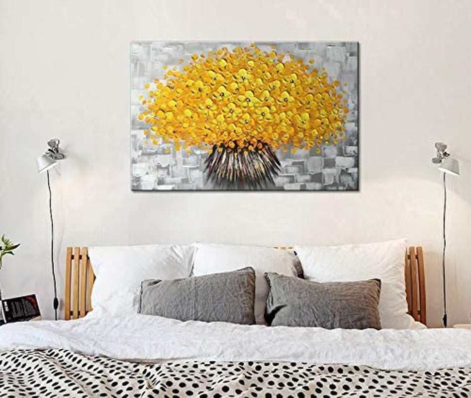 Handmade Yellow Flower Wall Art on Canvas One Piece Painting Gray Modern Abstract Artwork