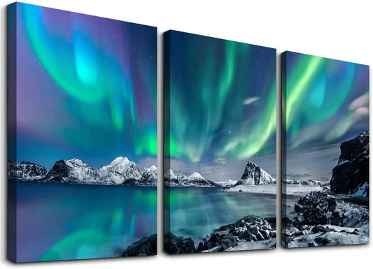 Farmhouse Wall Art Aurora Scenery Painting on Canvas Wall Decorations for Living Room Stretched and Framed Canvas Paintings 3 Piece Bedroom Bathroom Wall Decor Ready to Hang for Office Home Decor Art