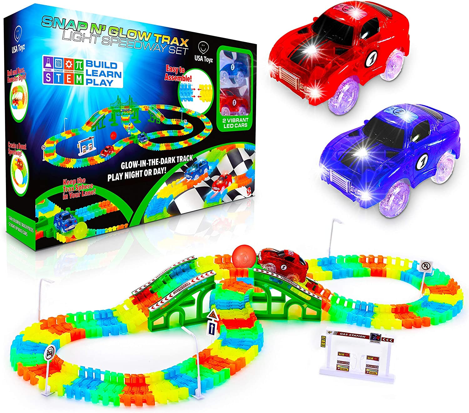 Glow Race Tracks and LED Toy Cars - 360Pk Glow in the Dark Bendable Rainbow Race Track Set STEM Building Toys for Boys and Girls with 2 Light up Toy Cars