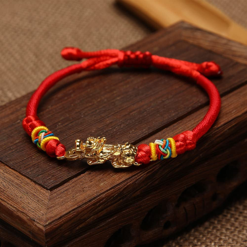 6Pcs Adjustable Braided Lucky Red String Rope Feng Shui Pixiu Pi Yao Bracelet Set Attract Wealth Prosperity Good Luck Wristband Amulet Jewelry for Women Men