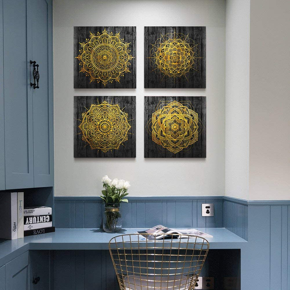 4 Piece Framed Canvas Wall Art for Living Room Family Bathroom Wall Decor Modern Kitchen Office Bedroom Decoration Black Pictures Golden Abstract Painting Inspiration Wall Artworks for Home Walls Art