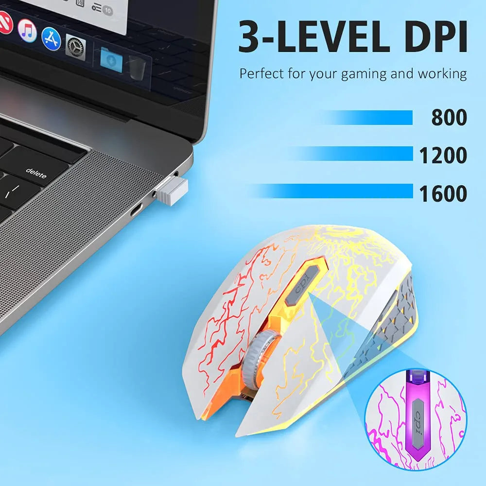 Wireless Gaming Mouse, Rechargeable Computer Mouse Mice with Colorful LED Lights, Silent Click, 2.4G USB Nano Receiver, 3 Level DPI for PC Gamer Laptop Desktop Chromebook Mac -White
