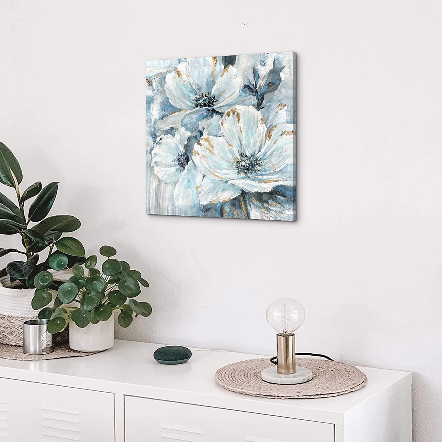 Flower Canvas Wall Art Bedroom: Modern Living Room Bathroom Abstract Blue Lily Floral Painting Simple Botanical Bouquet Picture Giclee Print Minimalist Contemporary Gallery Artwork 12X12