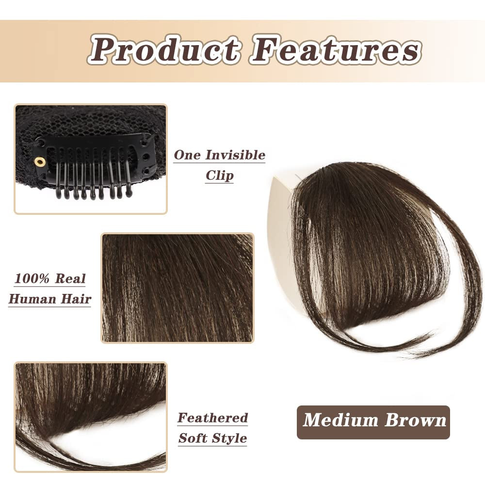 Clip in Bangs for Women 100% Human Hair Extensions Wispy Bangs Fringe with Temples Hairpieces Air Bangs Flat Bangs Clip Curved Bangs for Daily Wear (Light Brown)