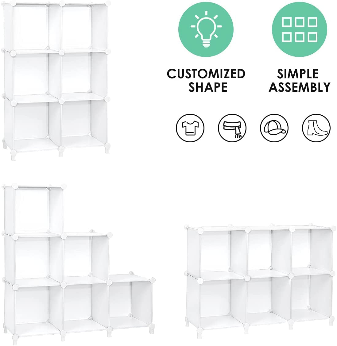 Cube Storage 6-Cube Closet Organizer Bookshelf Bookcase DIY Storage Cubes Organizer Plastic Closet Cabinet Cube Organizer Storage Shelves for Bedroom Living Room, Pure White