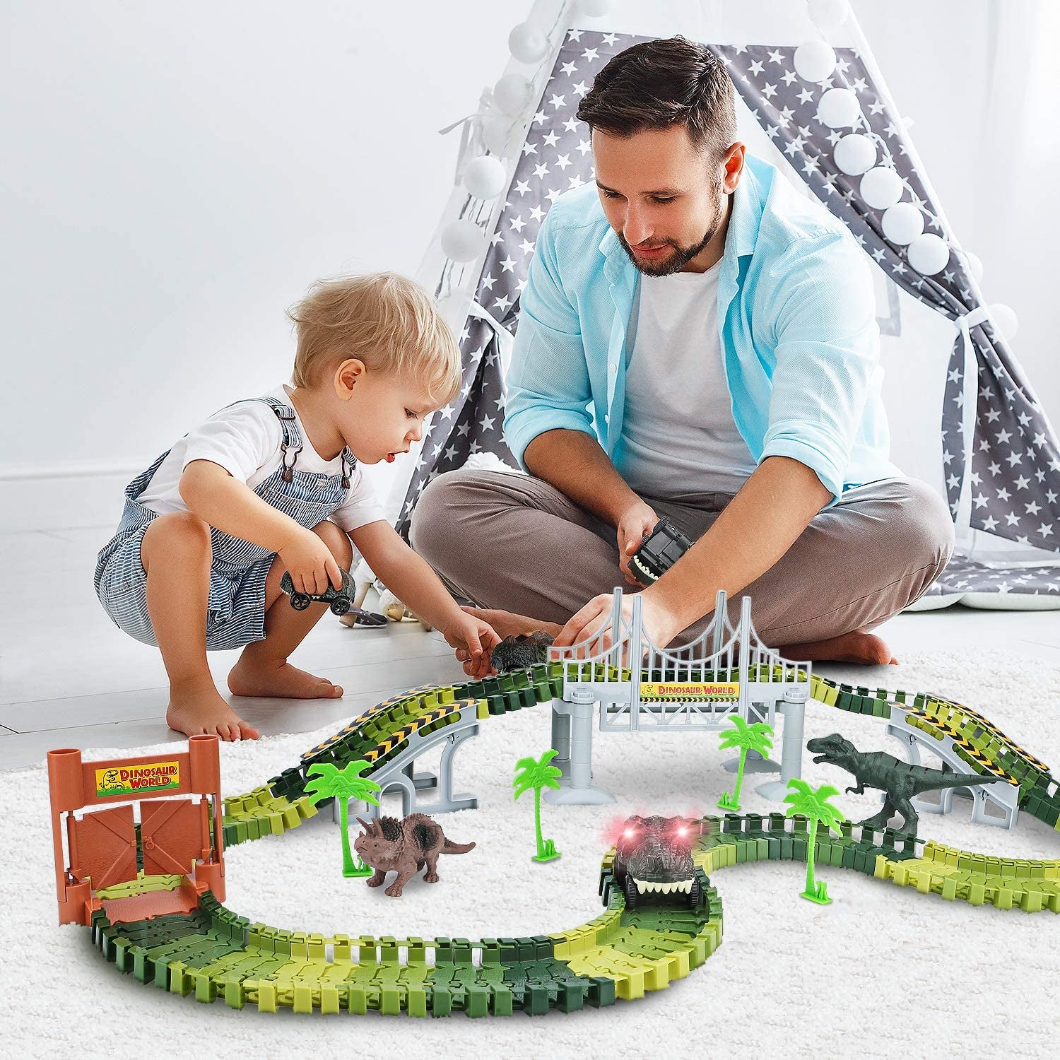 Dinosaur Toys,Create a Dinosaur World Road Race,Flexible Track Playset and 2 Pcs Cool Dinosaur Car for 3 4 5 6 Year & up Old Boy Girls Best Gift