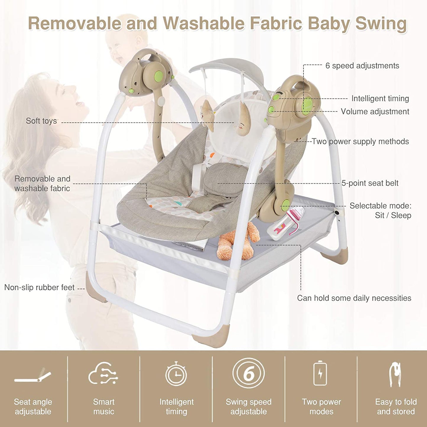 Baby Swings for Infants to Toddler, Compact Baby Swing with 6 Motions, Portable Swing with Music,Sounds,Timing, Baby Rocker with 2 Toys, Plsuh Seat & Soft Head Support, Machine Washable Fabric (Khaki)