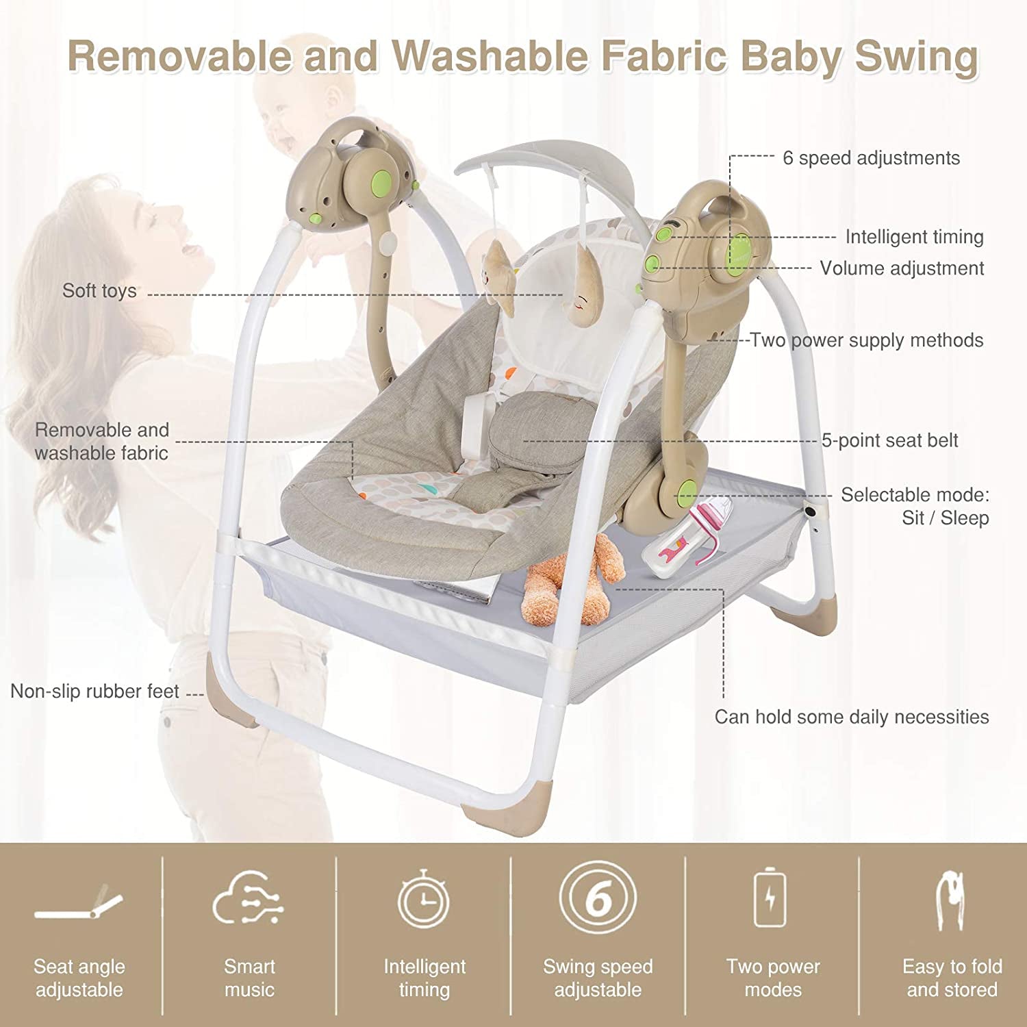 Baby Swings for Infants to Toddler, Compact Baby Swing with 6 Motions, Portable Swing with Music,Sounds,Timing, Baby Rocker with 2 Toys, Plsuh Seat & Soft Head Support, Machine Washable Fabric (Khaki)