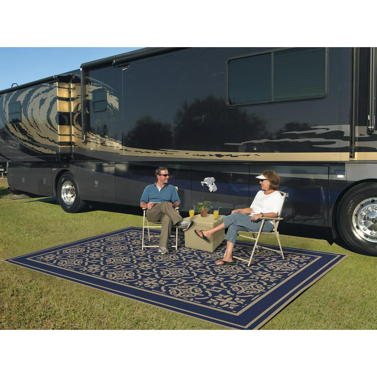 Patio Mats 9x12 Reversible RV Outdoor Patio Mat, Camping Mat, Interlocked Squares, Blue