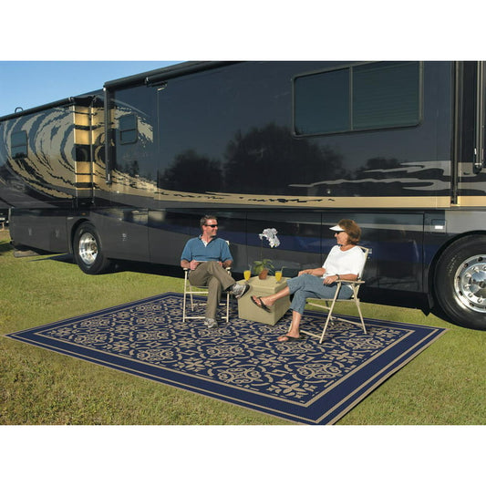 Patio Mats 9x12 Reversible RV Outdoor Patio Mat, Camping Mat, Interlocked Squares, Blue