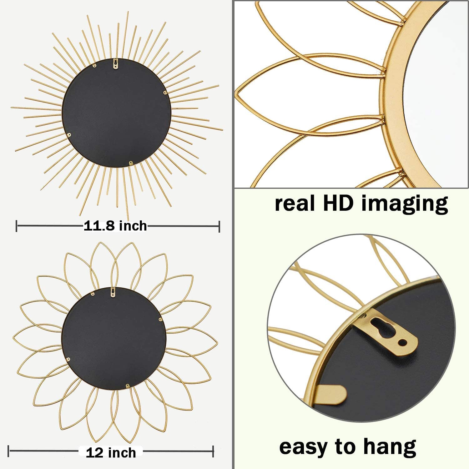 3 Pack Gold Mirrors for Wall Metal Sunburst Wall Mirrors Home Décor Decorative Hanging Wall Art for Living Room Bedroom Entryway
