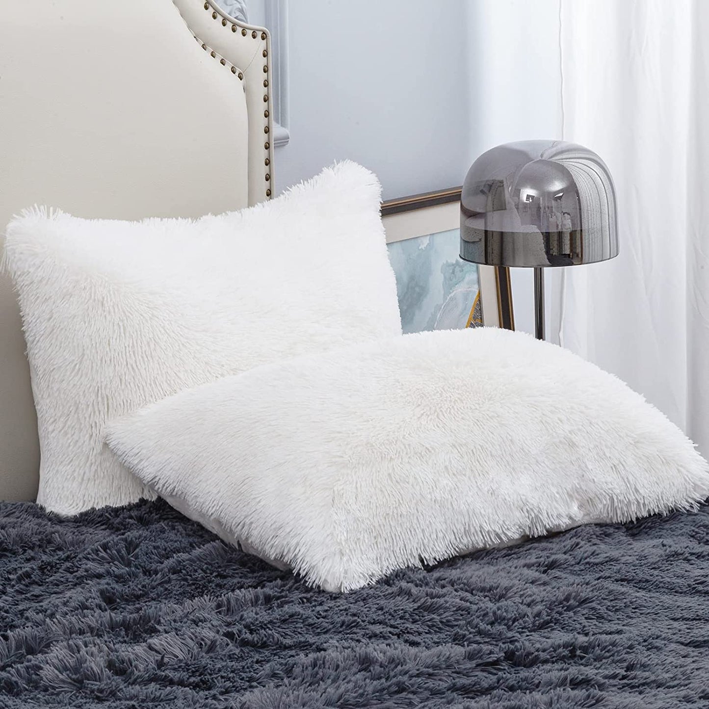 Faux Fur Pillowcases Standard Size, Set of 2 Shaggy Plush Fluffy Pillow Cases Home Decorative Fuzzy Pillow Covers, Zipper Closure , 20" X 26", White
