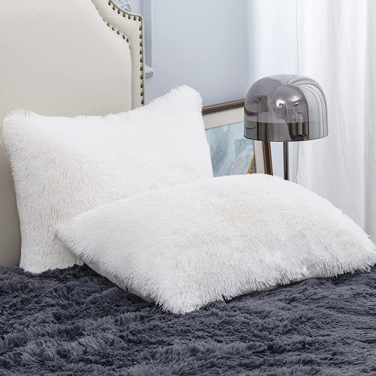Faux Fur Pillowcases Standard Size, Set of 2 Shaggy Plush Fluffy Pillow Cases Home Decorative Fuzzy Pillow Covers, Zipper Closure , 20" X 26", White