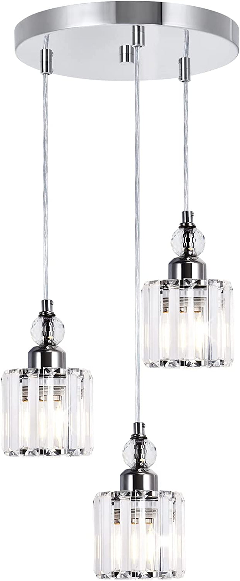 Crystal Pendant Ceiling Light Fixture for Kitchen Island,  Modern Mini Chandelier with Chrome Finished, 3-Light Pendant Lighting with E26 Ceramic Base, Adjustable Height