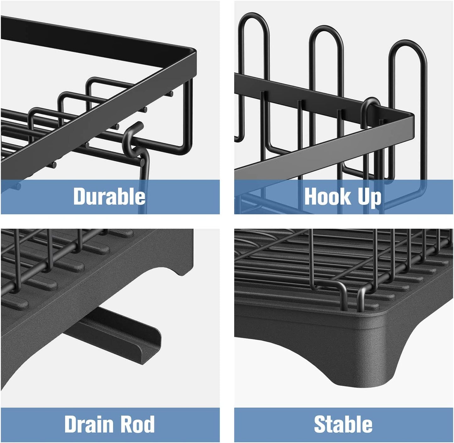 2 Tier Dish Drying Rack for Kitchen Counter, Black Metal Dish Drainers Rack with Drainboard, Large Dish Dryer with Detachable Cup Rack and Utensil Holder