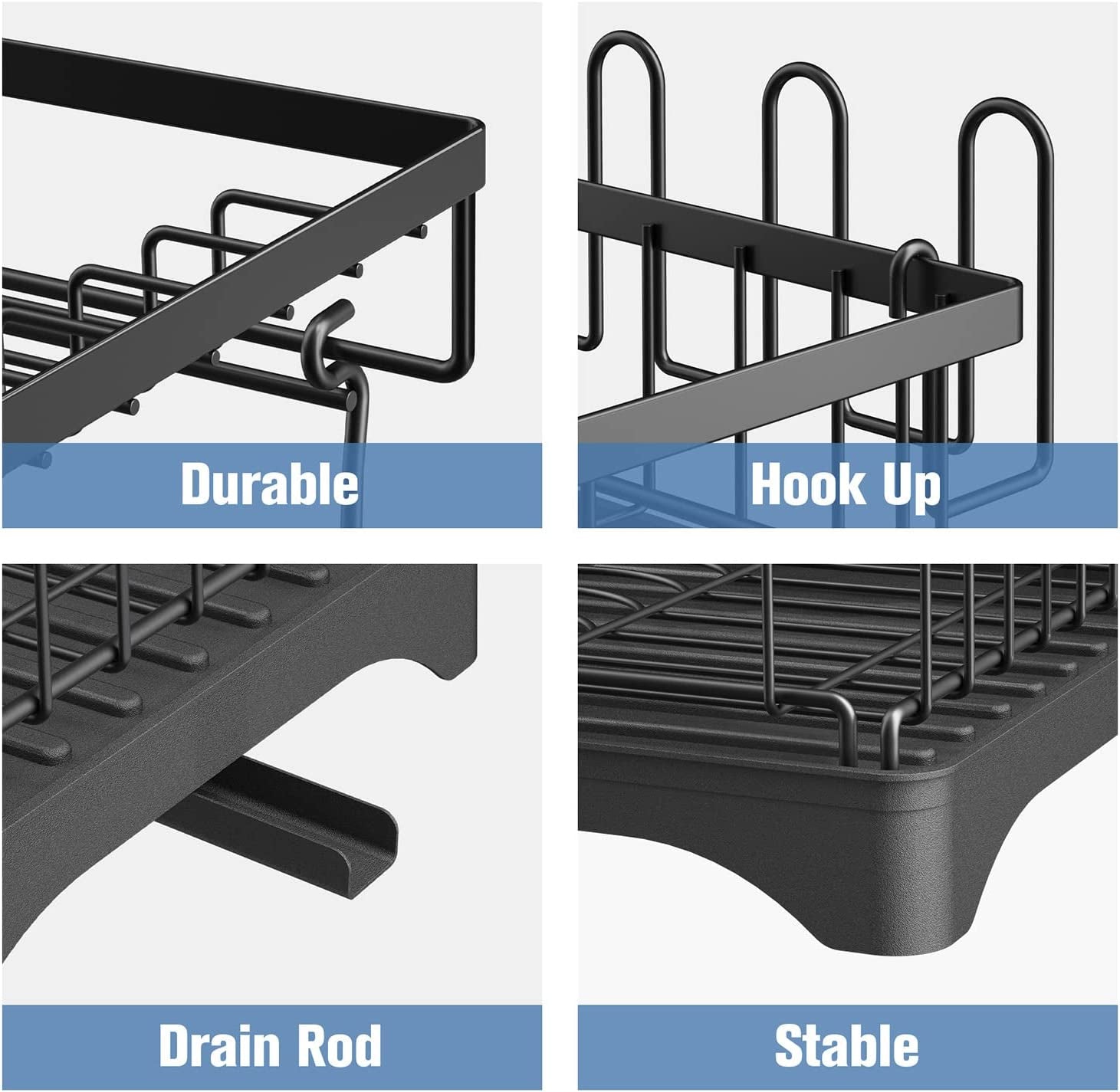 2 Tier Dish Drying Rack for Kitchen Counter, Black Metal Dish Drainers Rack with Drainboard, Large Dish Dryer with Detachable Cup Rack and Utensil Holder
